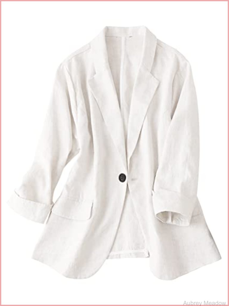 Linen Blend Notch Lapel Blazer 3/4 Sleeve One Button